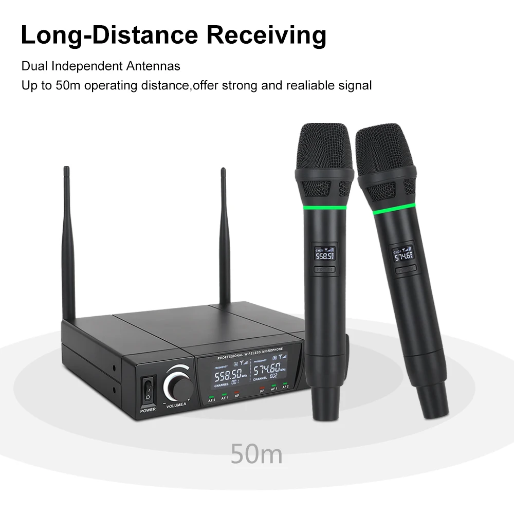 XTUGA Dual Channel Wireless Handheld Microphone up to 50m Receive,Super Cardioid UHF Microphone system for Karaoke,Party,Wedding