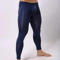 Sexy Mens Sleep Bottoms Ice Silk Ultra-thin Transparent Leggings Pants Penis Pouch Long Johns Lounge Pants Sleepwear Plus Size