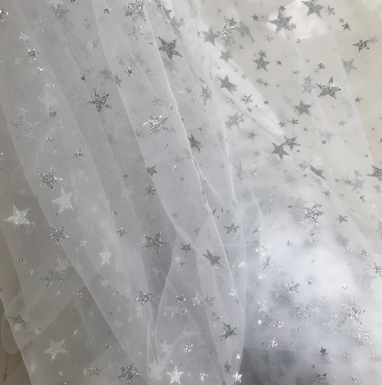 150cm wide golden/silver shiny stars tulle fabirc mesh lace fabric wedding dress stage clothes decoration fabric SC577