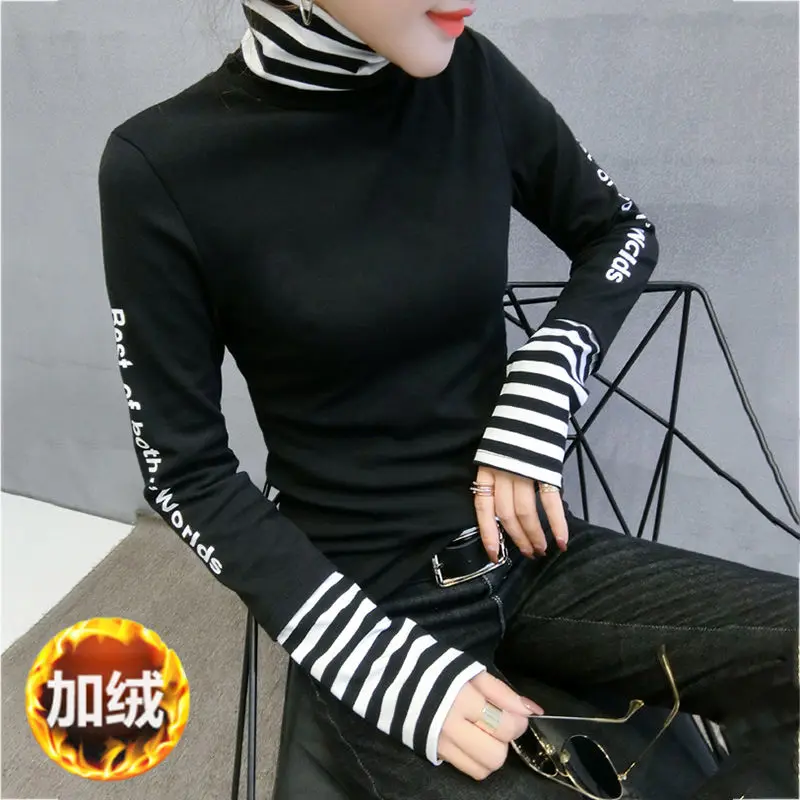 European Fashion Patchwork Striped Thick Broshed Tshirt Autumn Winter Long Sleeve Top Clothes Camiseta Mujer Shirt B1252