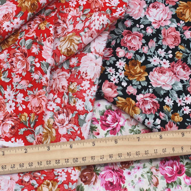 Pretty Beige Red Black Pink All Over Blooming Flowers Printed Cotton Poplin Fabric 50x140cm Floral Fabric Patchwork DIY Sewing