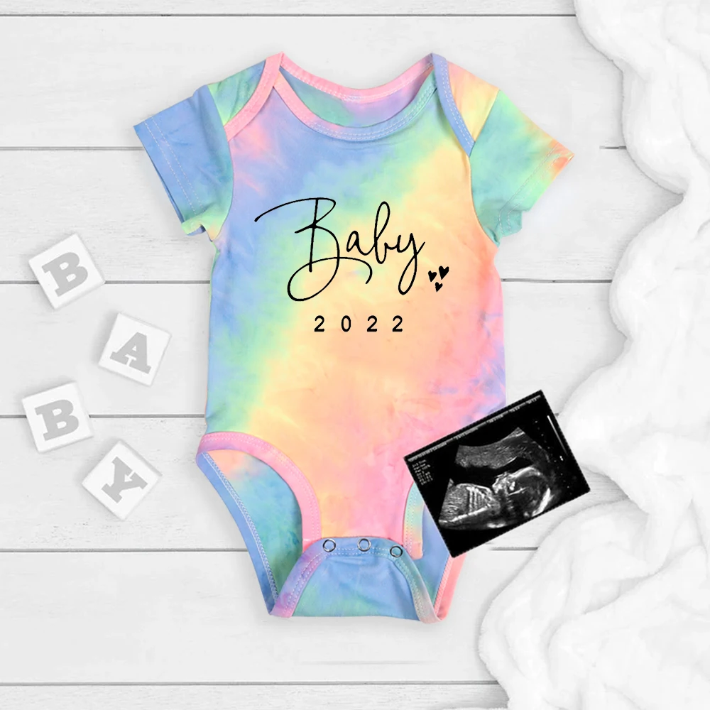 Baby Announcement Coming Soon 2022 Newborn Baby Tie-Dye Bodysuits Summer Boys Girls Tie Dye Romper Body Pregnancy Reveal Clothes