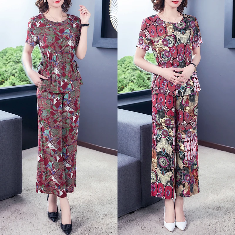 

Elegant Fashion Women's Sets Middle-aged Lady Summer Suits Cotton Silk Short Sleeve T-shirt & Wide Leg Pants 2 Pcs Sets 4XL K375