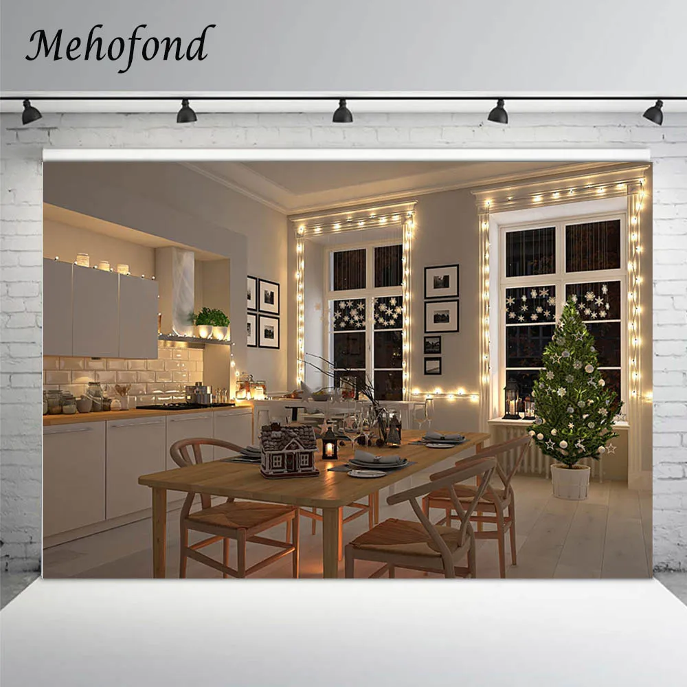 

Mehofond Christmas Night Backdrop Open Kitchen Table Chair Warm Light Windows Decor Photography Background Photo Studio Shooting