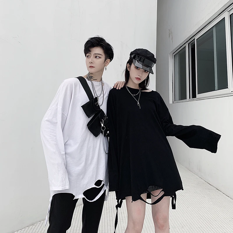 2020 Spring New Men Women High Street Fashion Hip Hop Long Sleeve Hole Hem T-shirt Male White Black Tee Shirts Oversize Tshirt