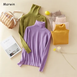 Marwin Neue-Kommende Winter Tops Feste Taste drehen-unten Kragen Pullover Weibliche Dicken Rollkragenpullover Gestrickten High Street Frauen pullover