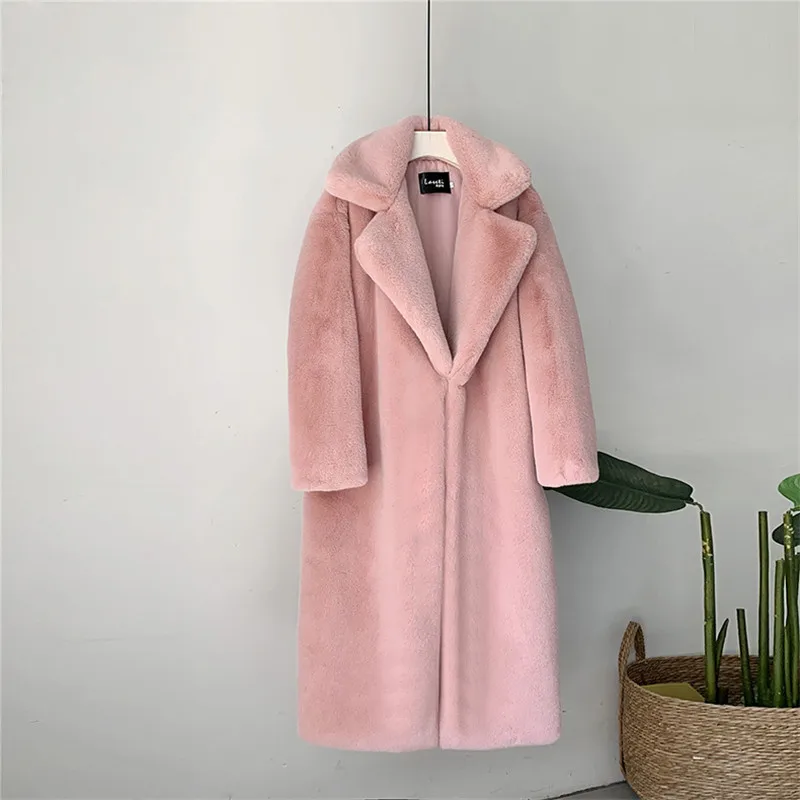 Winter Women High Quality Faux Rabbit Fur Coat Luxury Long Fur Coat Loose Lapel OverCoat Thick Warm Plus Size Female Plush Coats