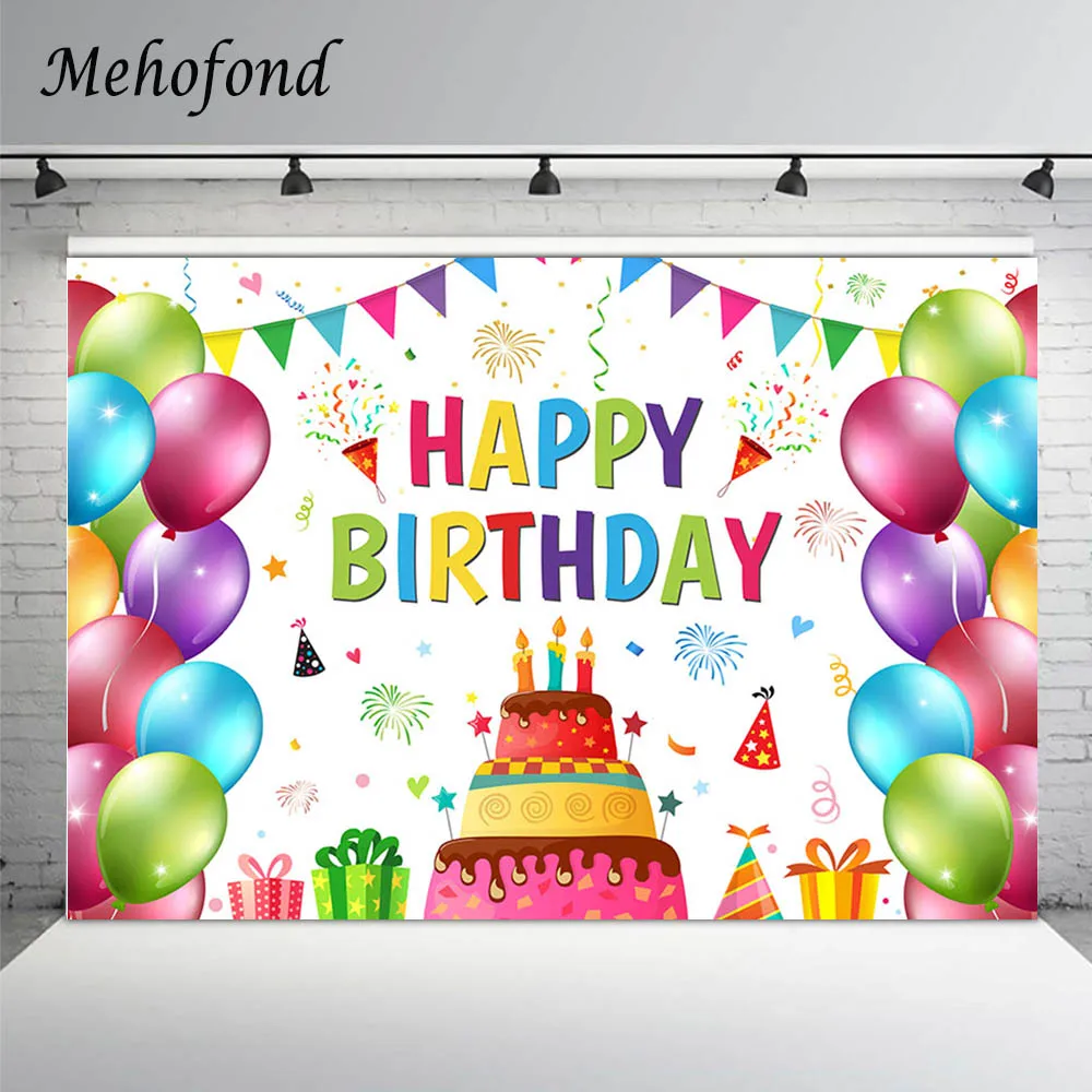 

Mehofond Celebration Birthday Party Backdrop Colorful Balloons Cake Candle Photography Baclground Table Banner Photo Studio Prop