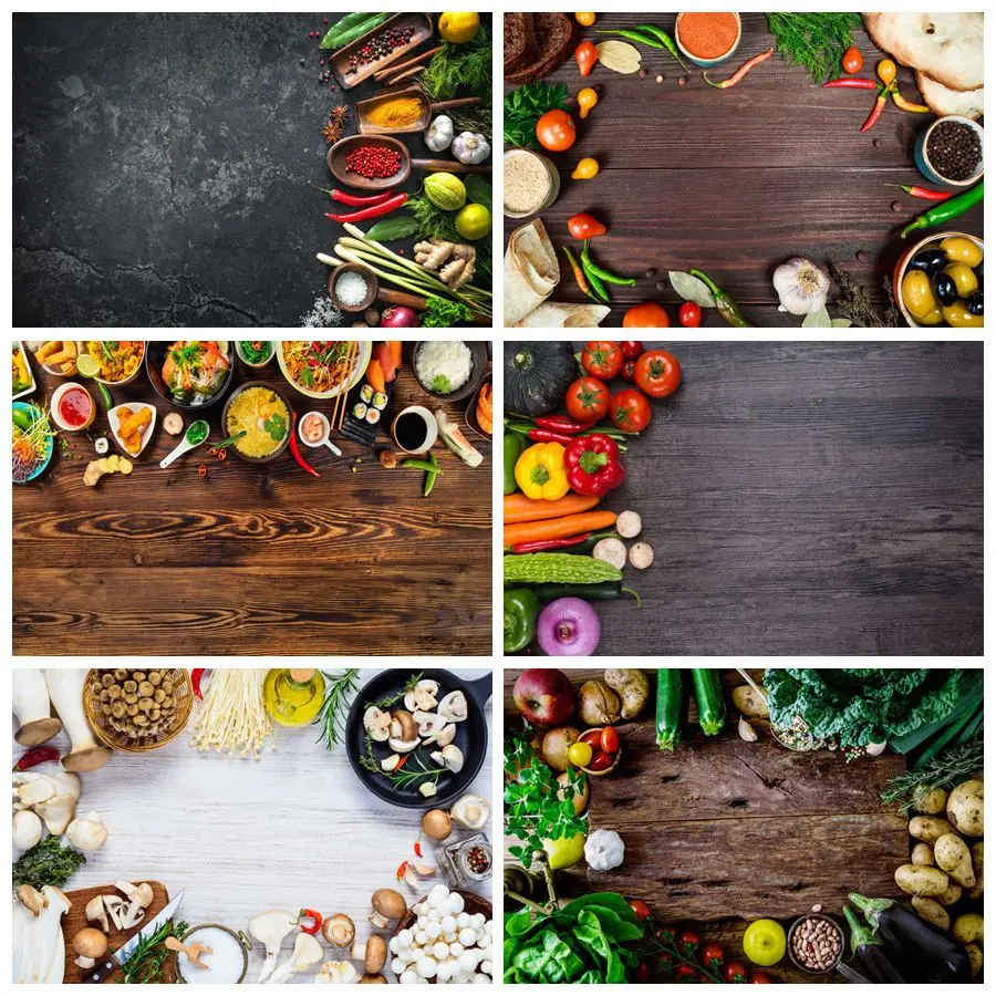 

Laeacco Dark Wooden Board Food Vegetable Kitchen Elements Pattern Portrait Photography Backgrounds Photo Backdrops Photo Stadio