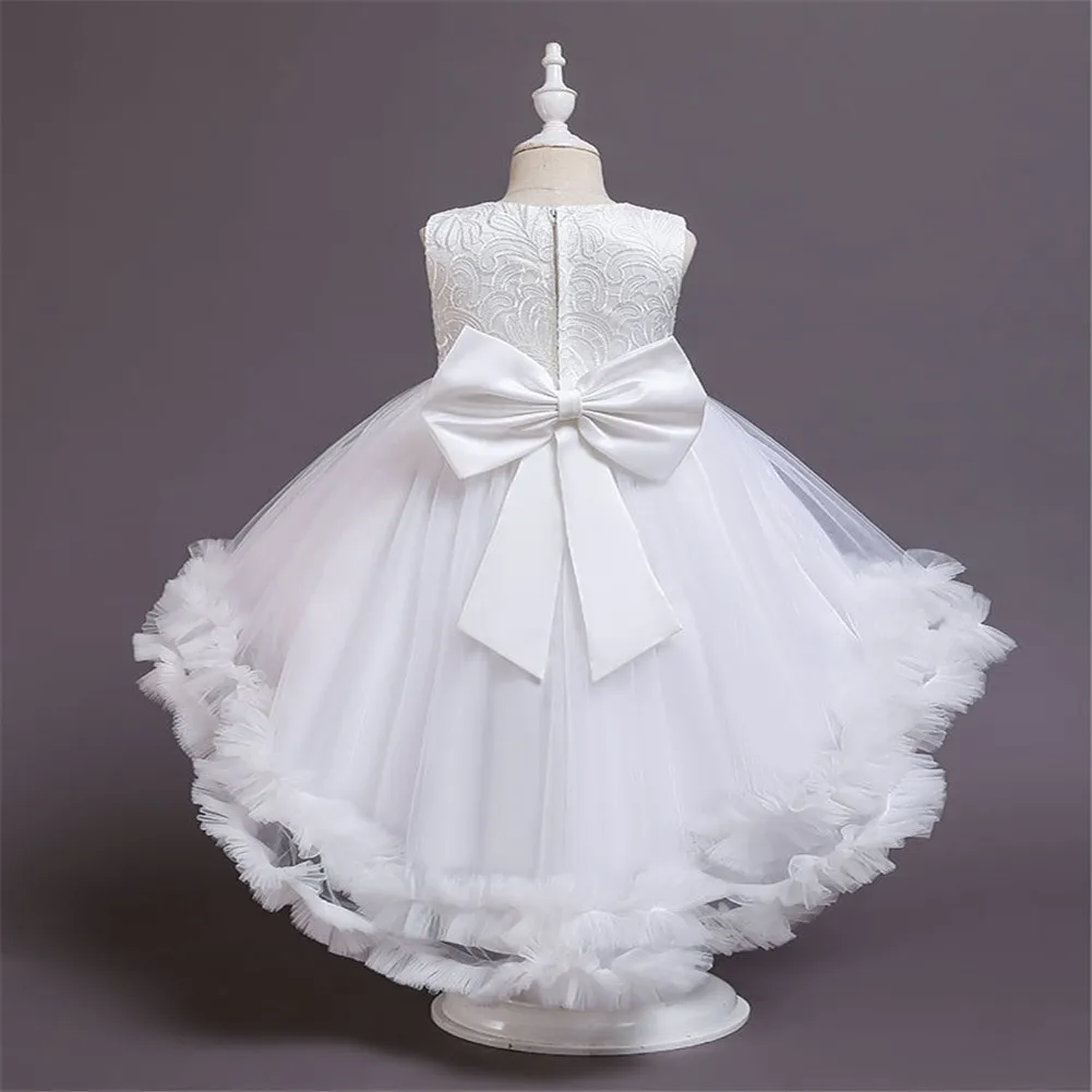 Long Tail Puffy Temperament Kids Girl Wedding Dress for Children Party Dress of 8 Years Old White Tutu Dress