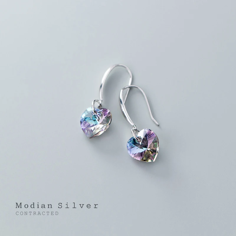 

Modian Authentic 925 Sterling Silver Charm Ear Heart Shape Rainbow Crystal Dangle Earrings for Women Lady Fashion Jewelry Gift