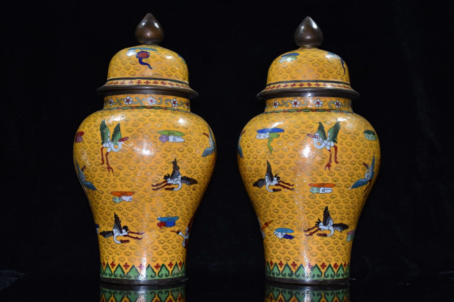 

14"Tibetan Temple Collection Old Bronze Cloisonne Gilt Enamel Crane Jiang Juncan A pair crock Office Ornaments Town House