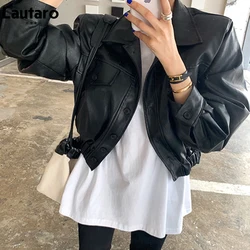 Lautaro-Short Black Faux Leather Jackets for Women, Waterproof, Soft, Light, Long Sleeve, Cool Outerwear, Fashion, Spring,