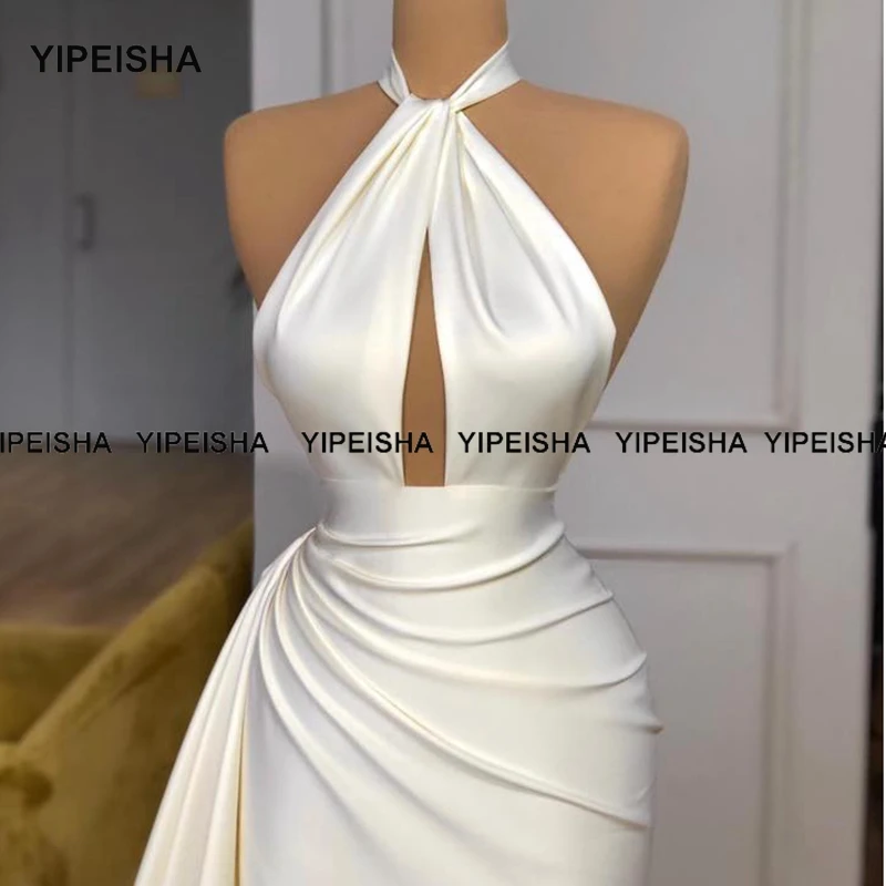 Yipeisha Sexy Halter Mermaid Prom Dress abito da sera bianco semplice lunghezza del pavimento raso avorio abiti da Festa Vestido de Festa 2021