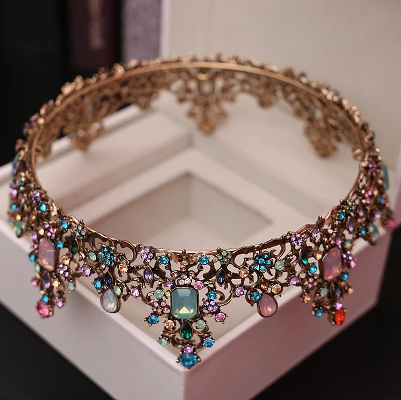 Baroque Vintage Color Jelly Crystal Round Bridal Tiara Crown Black Rhinestone Pageant Diadem Veil Tiara Wedding Hair Accessories image 4