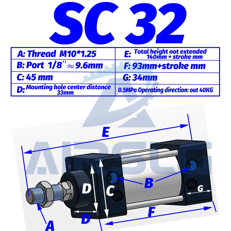 SC40 Pneumatikzylinder, Bohrung 40 mm, Standard-Doppeltwirkender Kolben-Luftzylinder, Hub 25–1000 mm, Einzelstangen-Aktuator, Marke AFR – Detail 1