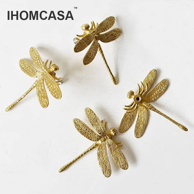 IHOMCASA Dragonfly/Butterfly Shape Brass Door Knobs Furniture Cupboard Drawer Pulls Dresser Wardrobe Kitchen Cabinet Handles