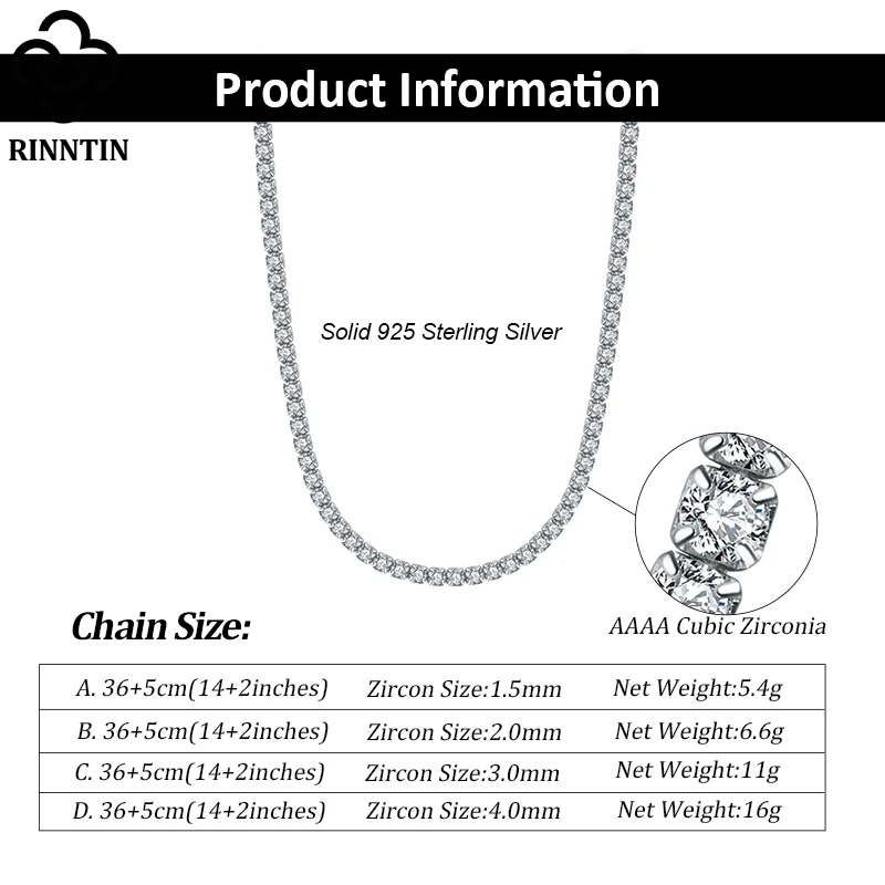 Rinntin Solid 925 Sterling Silver Women's Tennis Necklace Sparkling Round Cubic Zirconia for Women Neck Chain Jewelry SC45