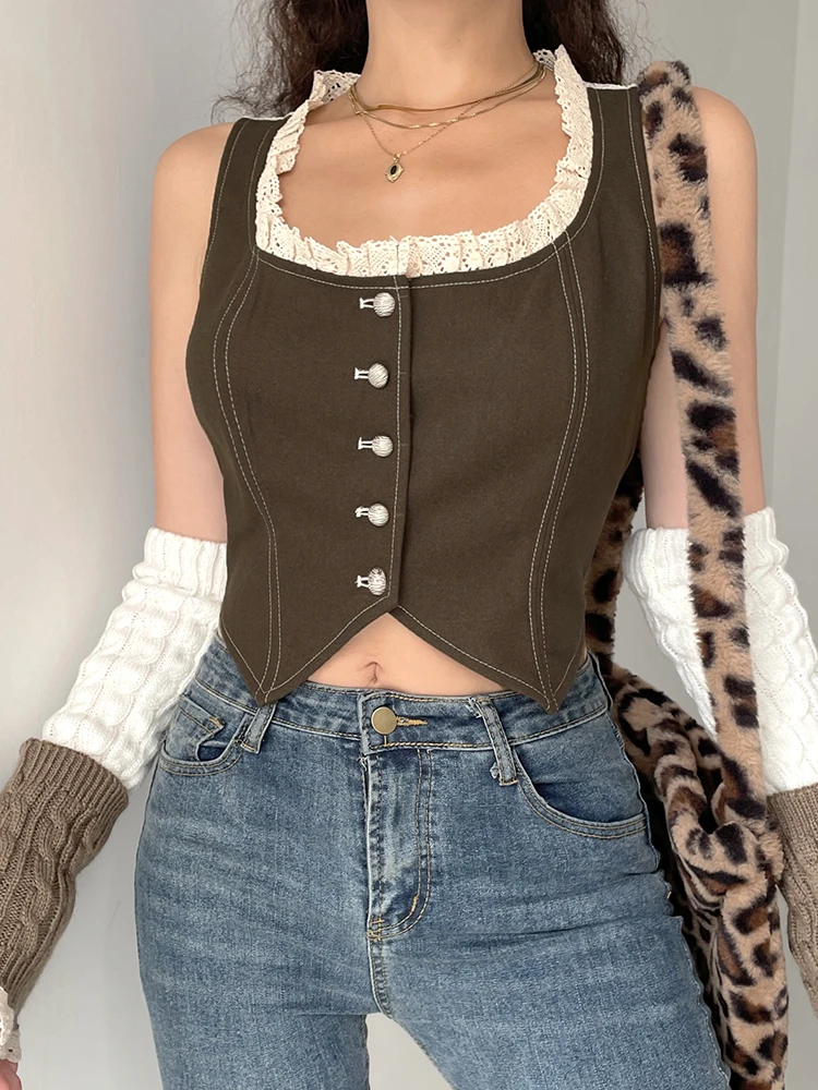 HEYounGIRL Women Camis Tops 90s vintage clothes Sleeveless Sheer Lace Backless Y2K Vest Tees Brown Tank Tops Harajuku Fashion