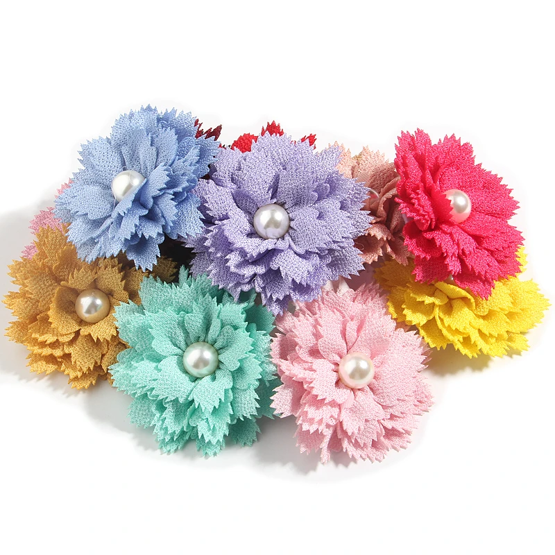 

200Pcs 7.5cm 3" Headwear Satin Fabric Flowers Boutique For Baby Girls Headbands With Pearl Center For Hair Accessories