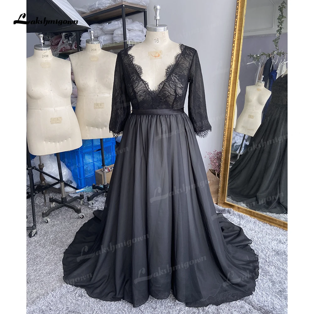 Lakshmigown gótico preto a linha vestidos de casamento meia mangas plus size rendas vestidos de casamento vestido de noiva simples fotos reais