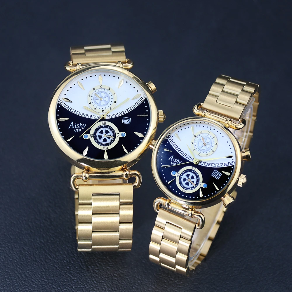 Free shipping  Steel Couple Watches Solid steel Strap Lover\'s fashion Watches Gold Watch Gifts for Men Women Pair watch Reloj