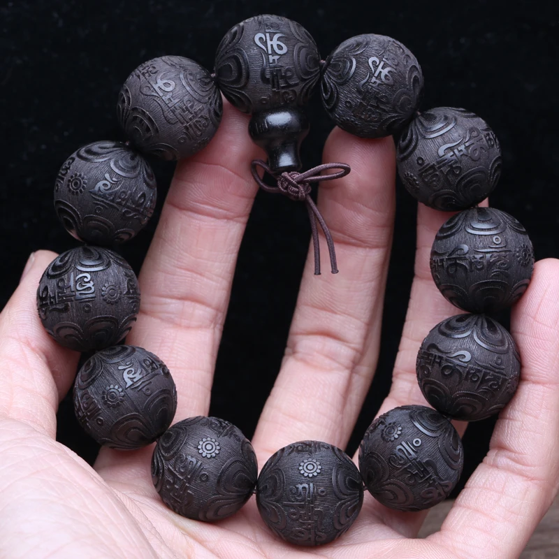 Authentic Natural Ebony Tibetan Six-Character Mantra Tibetan Prayer Wheel Bracelet 15mm Unisex Bracelet