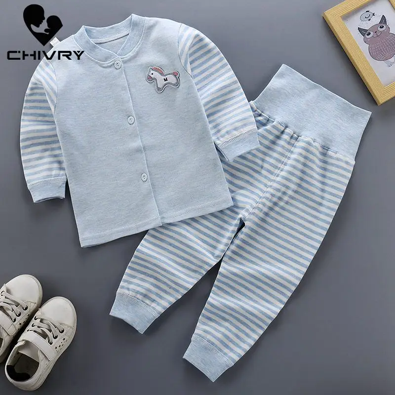 New Kids Boys Pajama Sets Cartoon Print Long Sleeve T-Shirt Tops with Striped Pants Newborn Baby Girls Autumn Sleeping Clothes