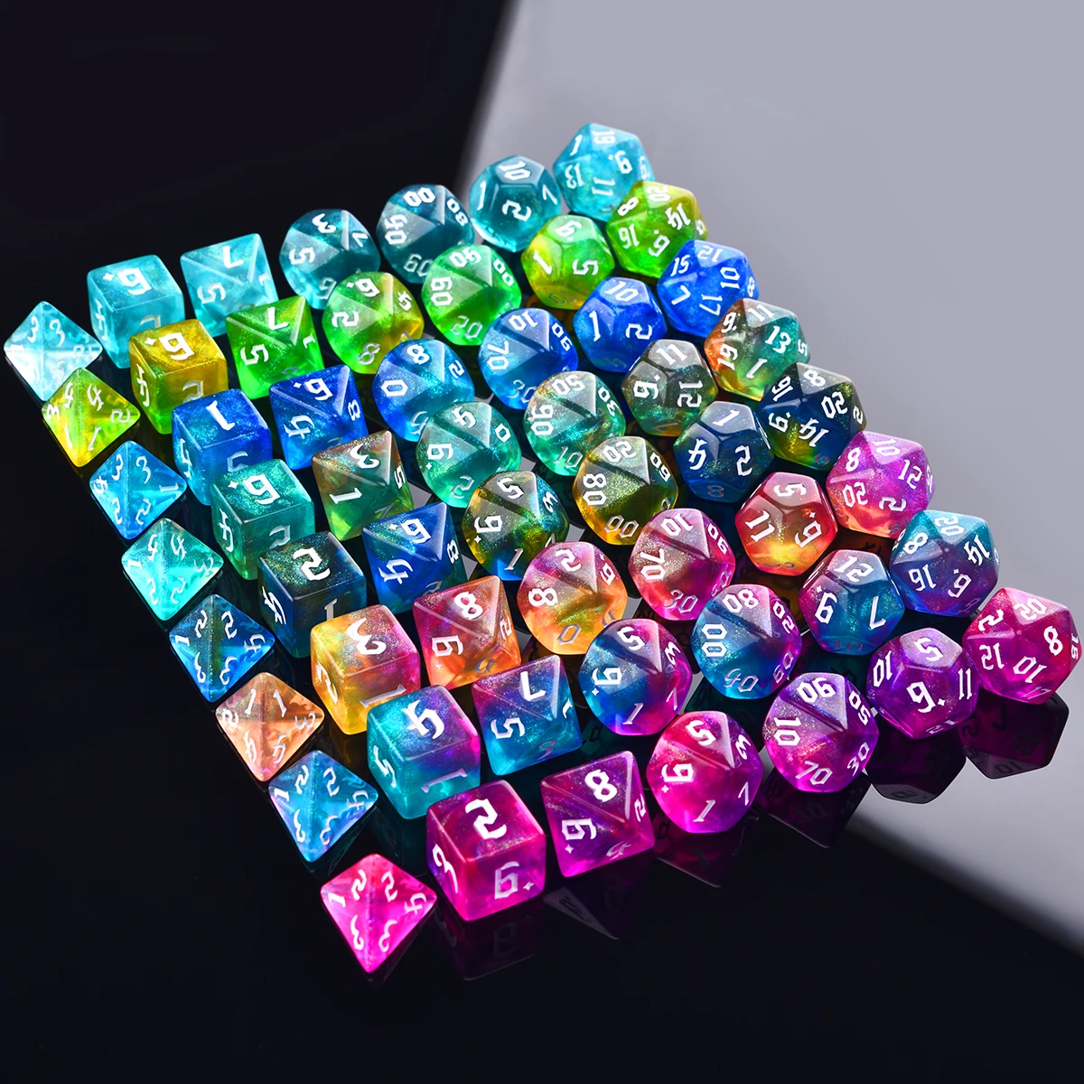 Iridescent Glitter Polyhedral 7-Die Two-tone Dice Set D4 D6 D8 D10 D% D12 D20 for DND Enthusiast RPG Adventurer