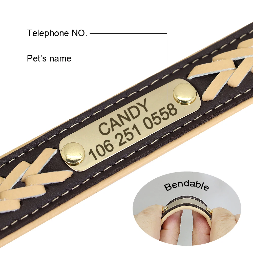 Gepersonaliseerde Halsband Leer Gevoerde Honden Gevlochten Halsbanden Gratis Gravure Pet Id Tag Naambord Voor Kleine Medium Grote Honden