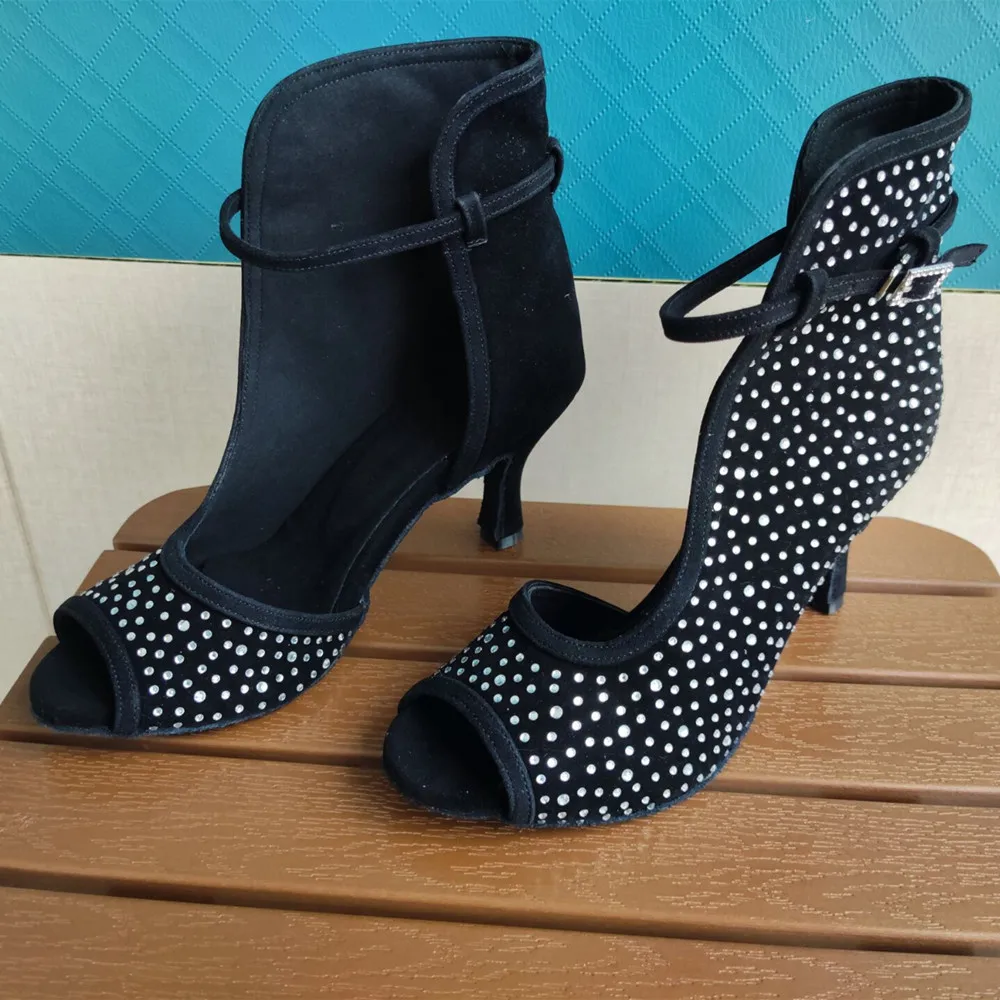 Customsize Practice Women Dance Boots Black Suede Rhinestone Latin Salsa Ballroom Latin Dance Shoes Boots 8.5cm Heel Height