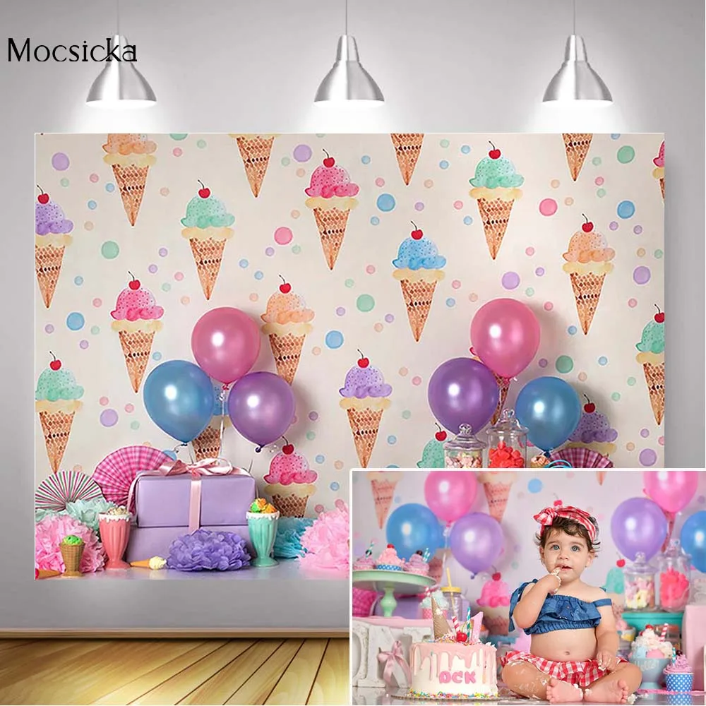 Ice Cream Sweet Girl Birthday Cake Table Backdrop Balloons Newborn Children Portrait Photography Background for Photo Studio