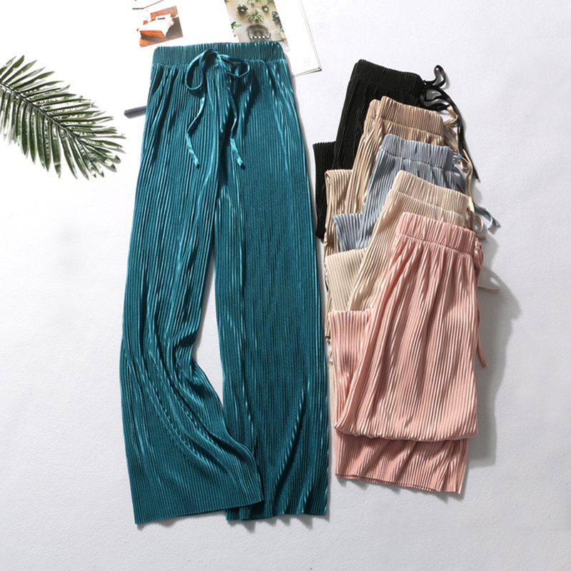  2025 Women's Pleated Loose Ice Silk Korean Casual Cropped Pants Wide Leg Trouse Home Classic Sports Wear Girls Clothes Black Top 