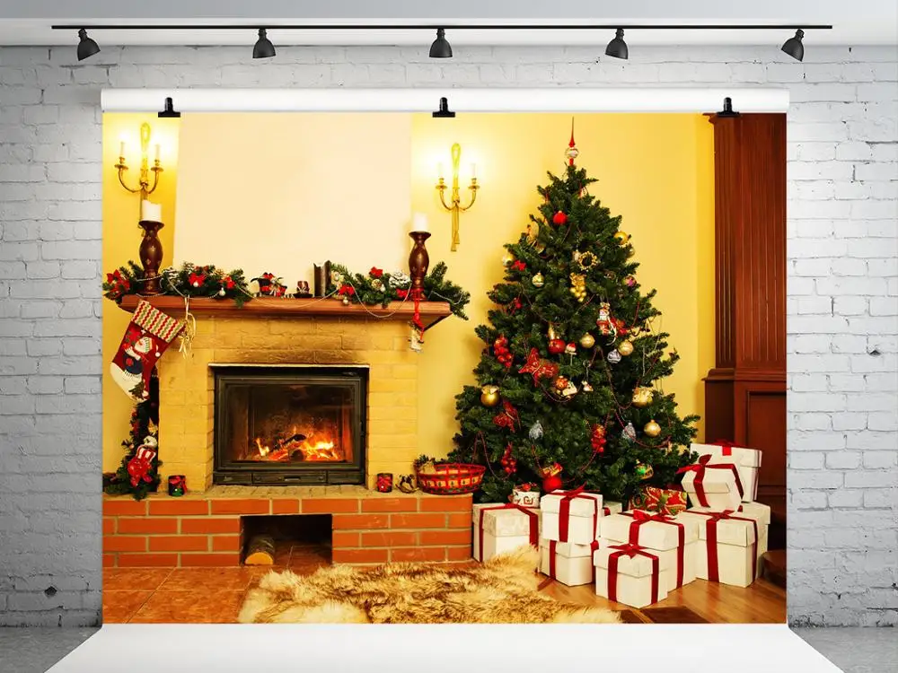 

VinylBDS Christmas Photography Backgrounds camera fotografica White Gift Box Christmas Tree Backdrops Stove Children Photo