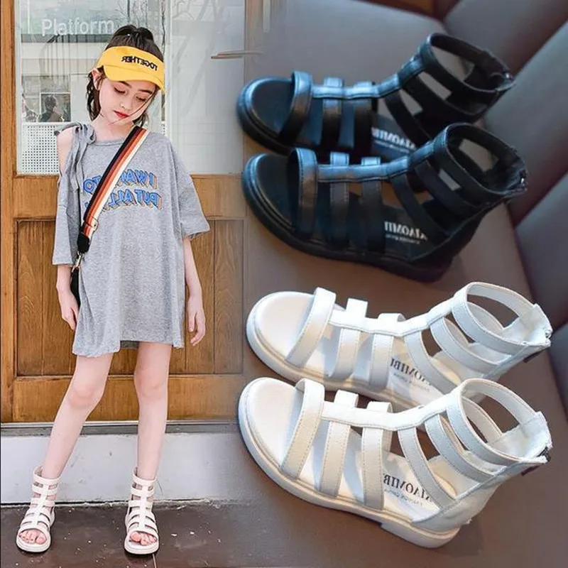 2021New Kids Sandals Children Fashion Princess Sandal Student Summer Non-slip Flats Roman Shoes Black Beige White 2-14T