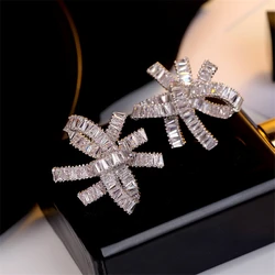 New Arrival 925 Silver Color Cute Bowknot Stud Earrings for Women with Zircon Stone Fashion Korean Earrings 2024 Female Jewelry