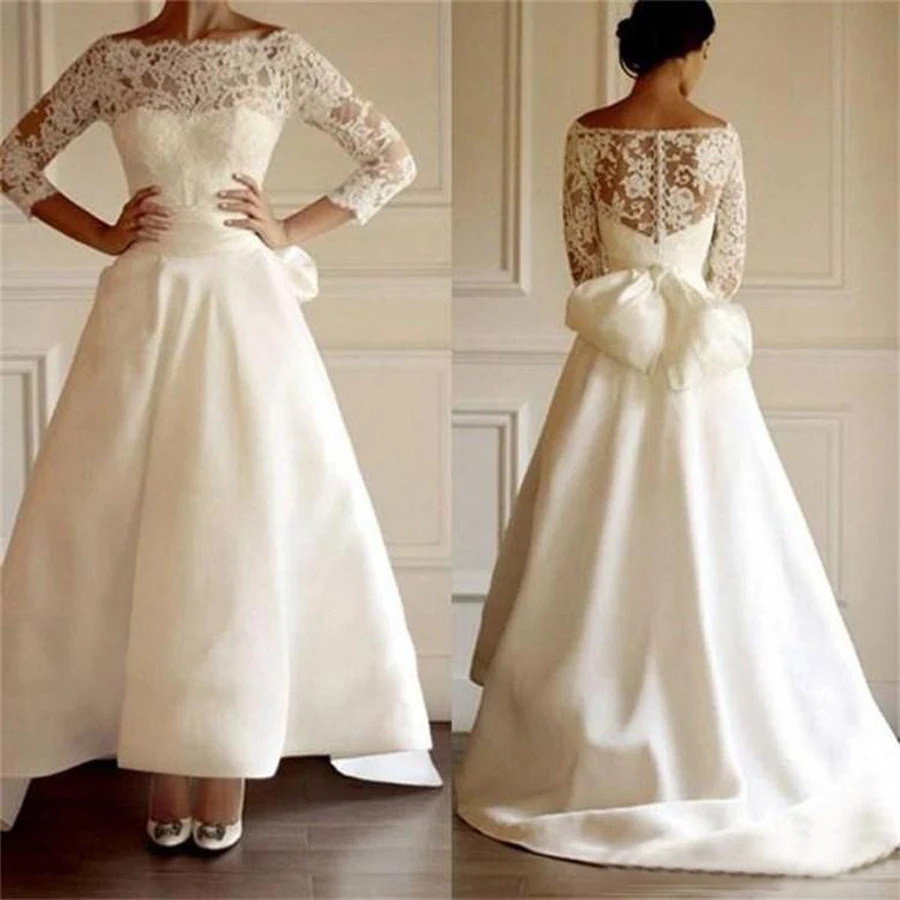 

Boat Neck Top Lace High Low Wedding Dresses Long Sleeve Satin Sweep Train Bridal Gowns vestido de noiva