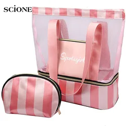 Women Swimming Bag Clear Mesh Bags Handbags Wet Dry Net Pool Beach Pouch Sac De Sport Striped Transparent Shoulder Bag XA387WA