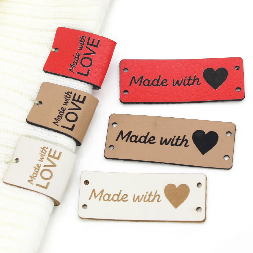 20/50Pcs PU Leather Tags Handmade With Love Labels Sewing Craft Hand Made Tags For Clothes Bags Shoes Knitting Tags Lables 5x2CM