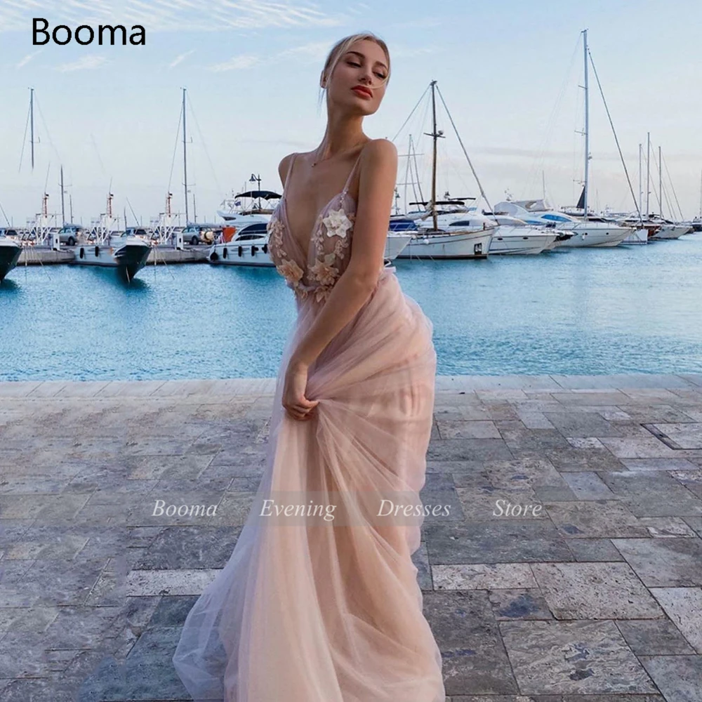 Sexy Backless Peach Prom Dresses Spaghettibandjes Geappliceerd Bloemen Party Wedding Lange Jurken V-hals A-lijn Tulle Prom Jassen