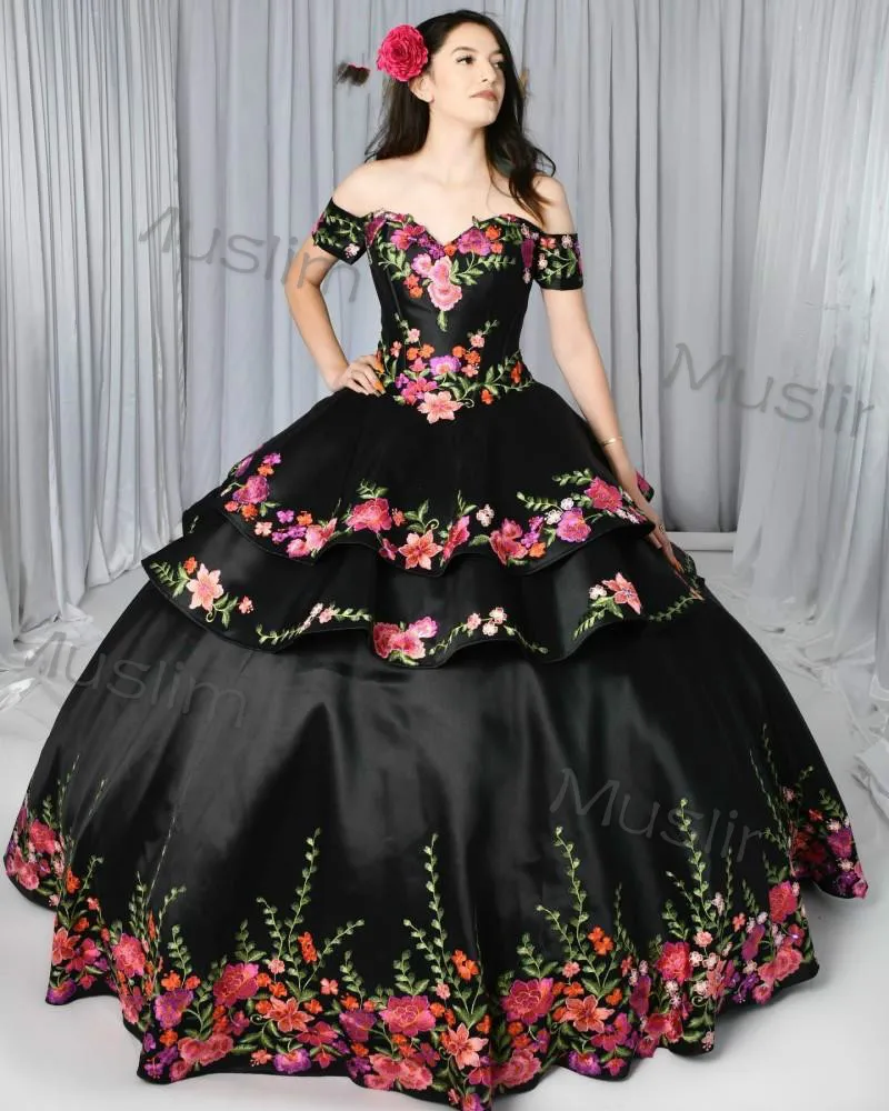 Mexican Black Quinceanera Dresses Charro Detachable Skirt Floral Embroidered Off The Shoulder Vestidos De 15 Xv Años Customized