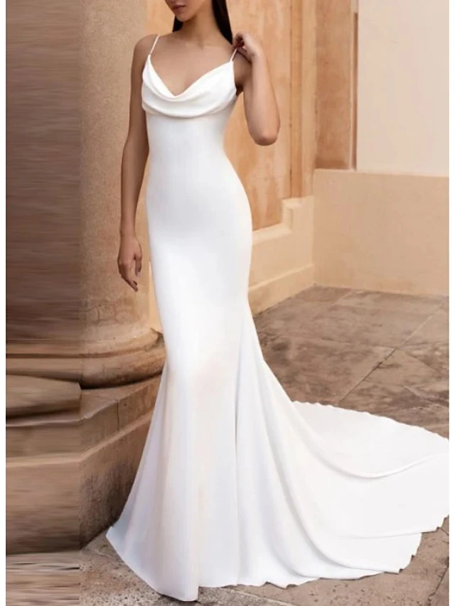 Simple Mermaid Bride Wedding Dress V Neck Court Train Satin Spaghetti Strap Plus Size Elegant Bridal Gowns Robe De Mariee