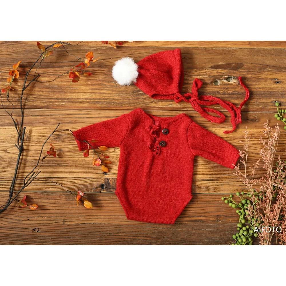 2021 New Newborn Photography Props Christmas Red Outfit Hat Knit Soft Set for Baby Boy Girl Clothing Photo Shooting Accessories