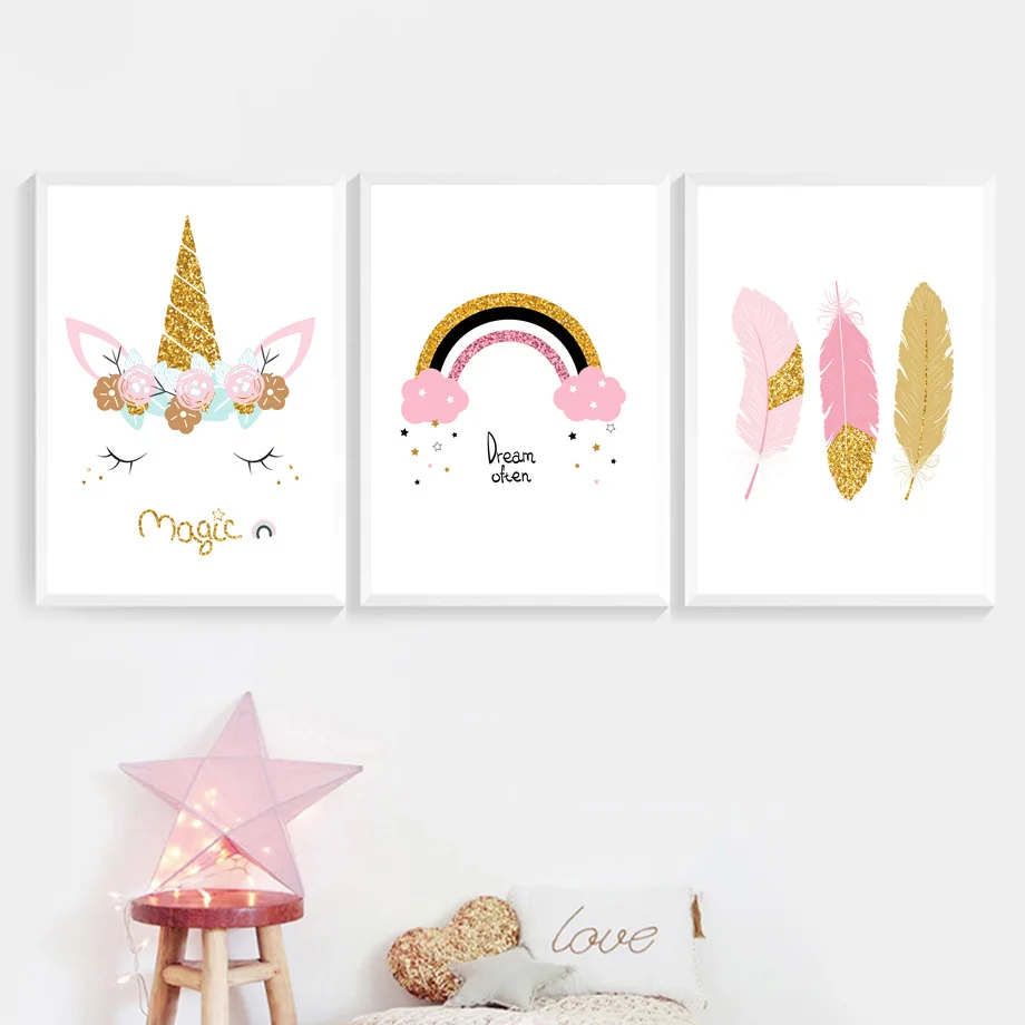 Cartoon Rainbow Unicorn Feather Wall Art Canvas Painting Nordic Posters And Prints Wall Pictures Kids Room Girl Room Wall Decor