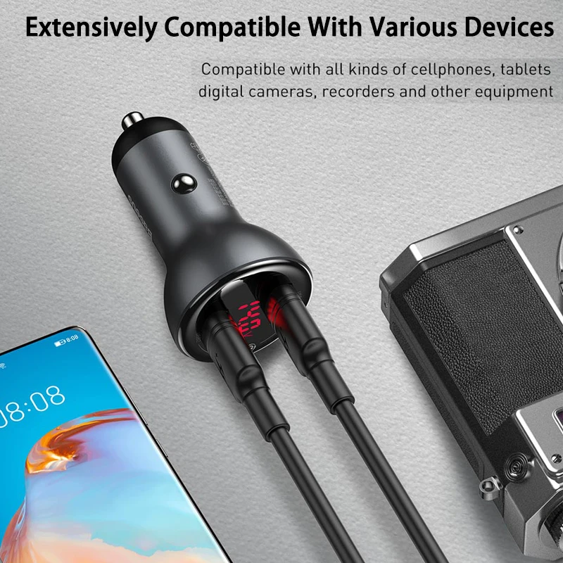 Baseus 45W Car Charger Dual USB Quick Charging SCP 4.0 3.0 Fast PD USB C Car Phone Charger With Cable For iPhone HUAWEI Xiaomi