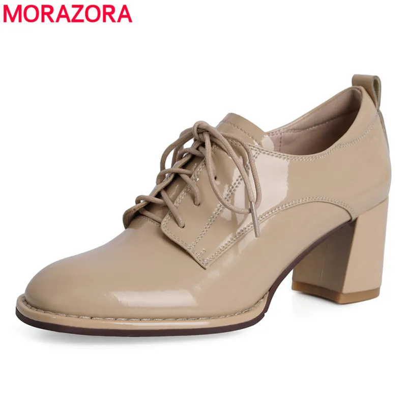 MORAZORA 2021 Spring Women Pumps Fashion Lace Up Casual Ladies Shoes Platform Patent Genuine Leather Single Shoes For Woman