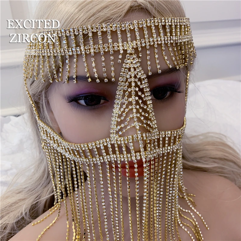 EXCITED ZIRCON Bling rhinestone crystal luxury tassel headdress face jewelry mask bride wedding fashion jewelry woman party