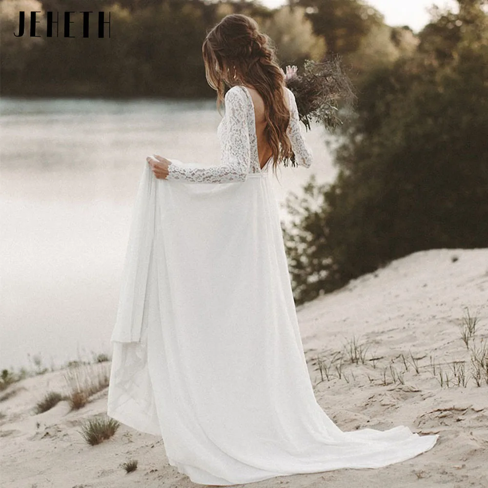 JEHETH Long Sleeves Beach Boho Wedding Dress Women Elegant V Neck Open Back Bohemian Bridal Gown Lace Chiffon Vestidos De Novia