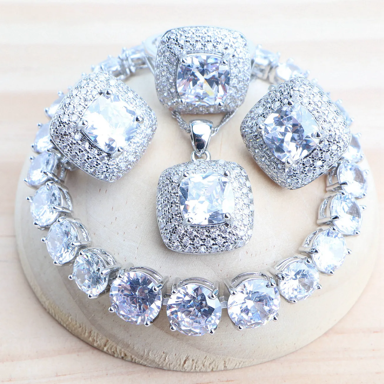 NONE Lila Zirkonia Damen Brautschmuck Sets Silber 925 Feiner Modeschmuck Hochzeit Ohrringe Ringe Armbänder Anhänger Halskette 7