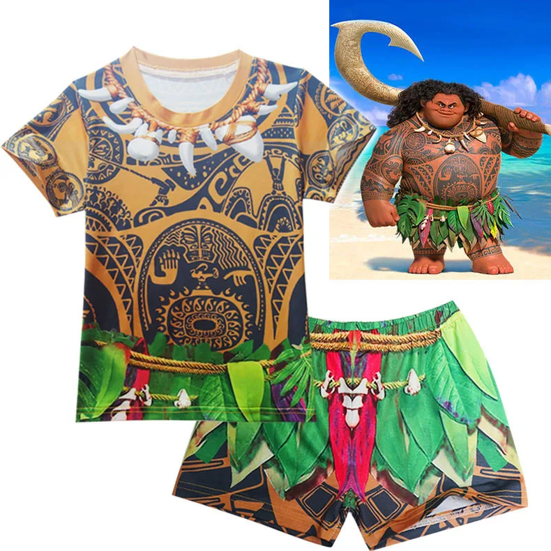 2020 Child Ocean Boy Kids Swimming Suit Short Sleeve Moana Cosplay Maui Shirt Shorts Pants Bathing Cap Costume Swimwear Swimsuit